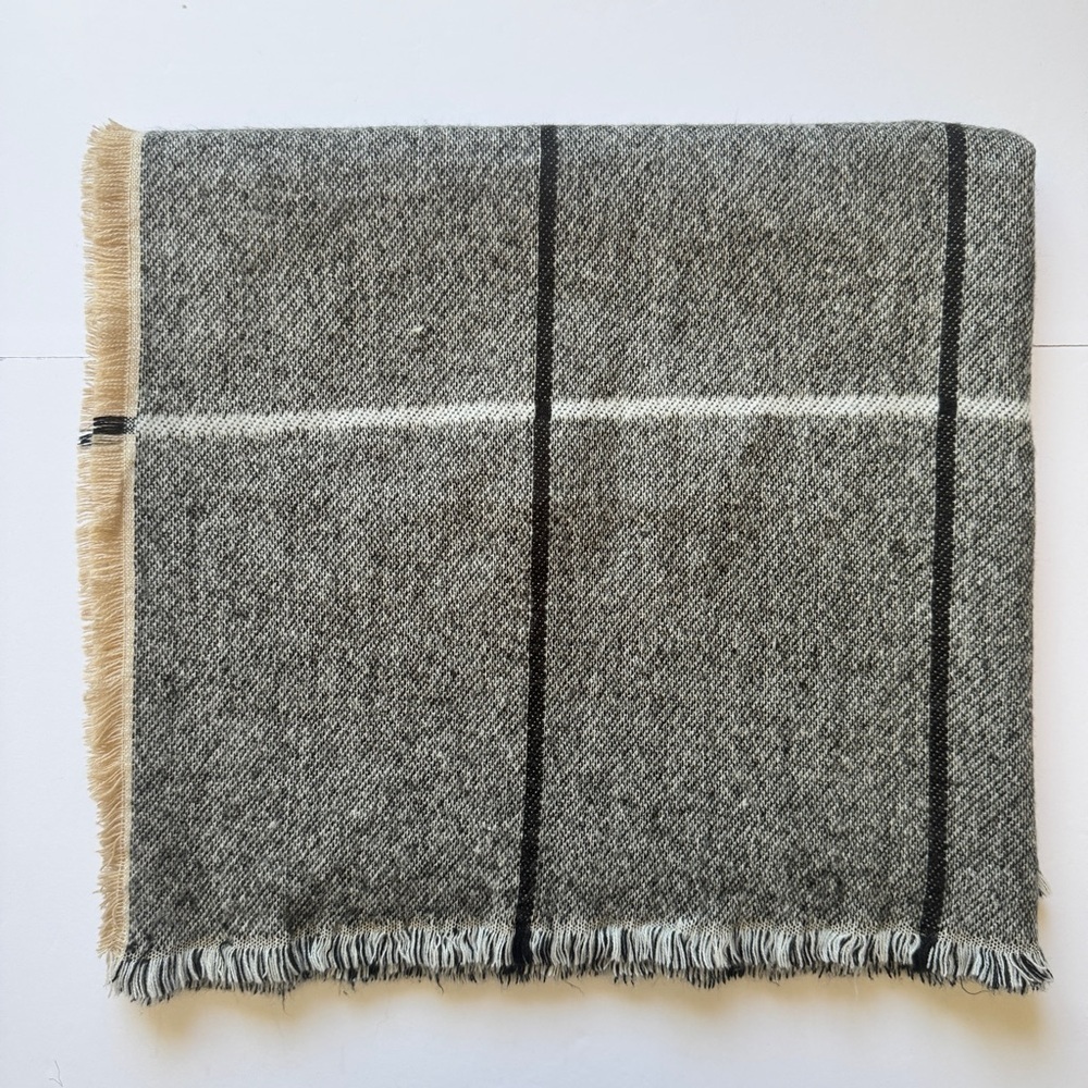 Indigo Scarf Oversized Reversible Window Pane Check Plaid Print Tan Gray Soft